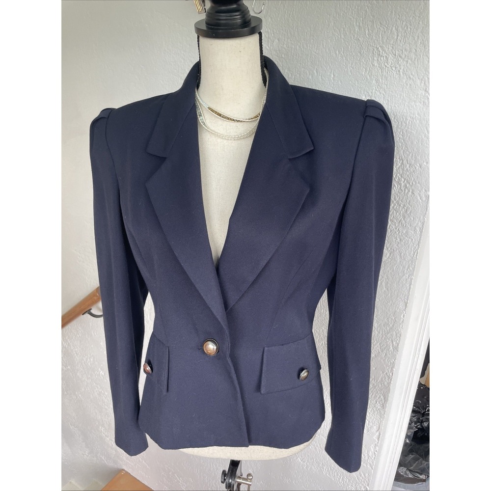 Vintage‎ 80s Sassoon Navy Blue Puff Sleeve Peplum Fitted Blazer Jacket Size 8